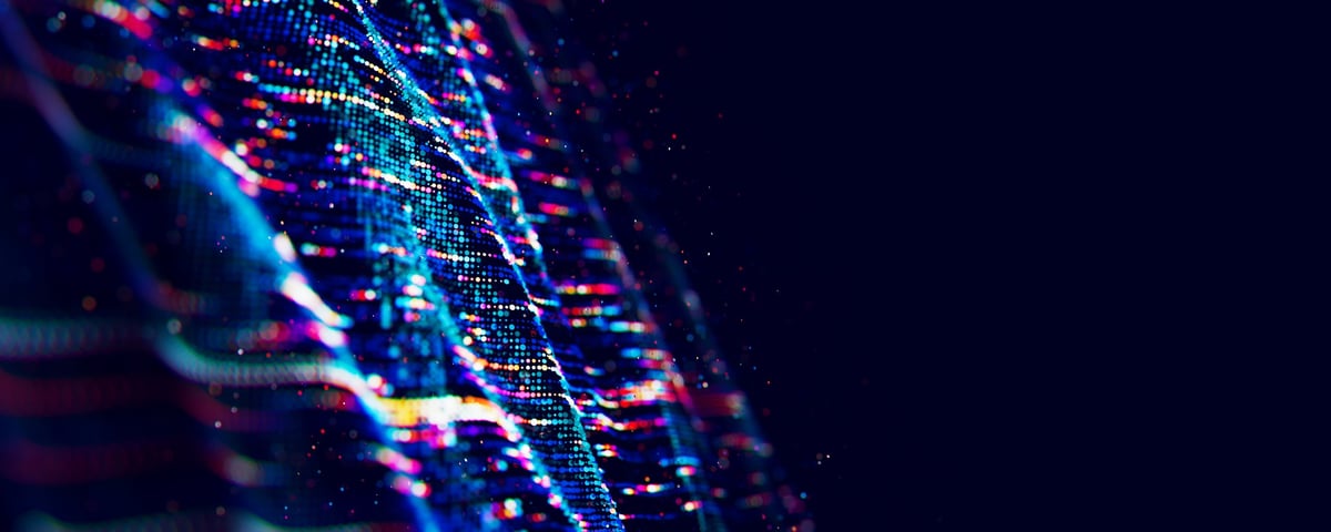 Abstract Big data digital stream waves representing AI technology and quantum computing