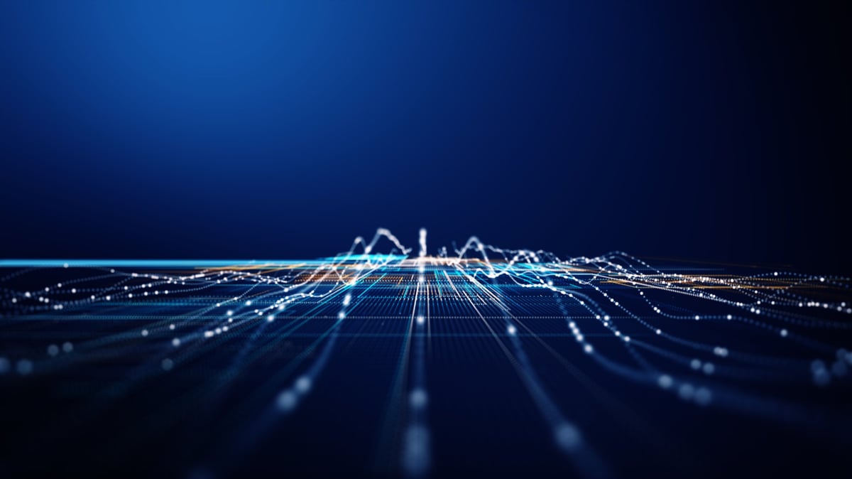 Abstract 3D digital grid with dynamic data lines and glowing dots