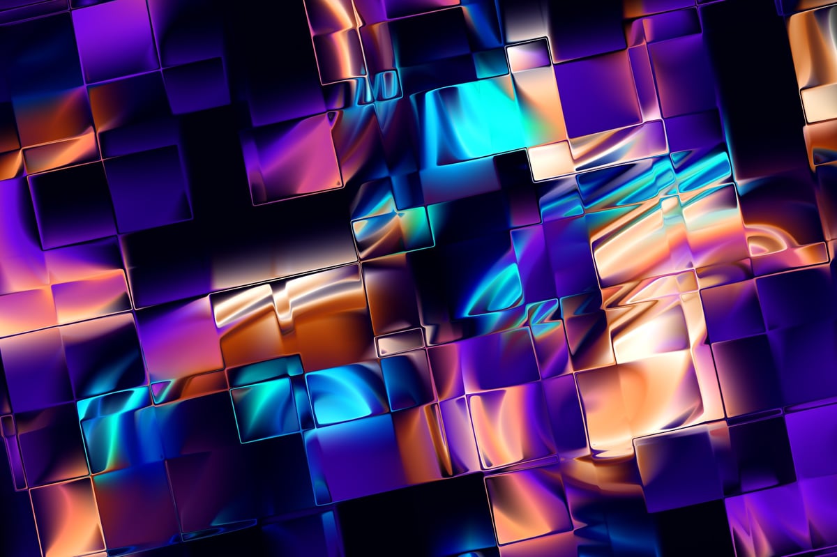 Iridescent neon liquid glass blocks geometric abstract 3D background